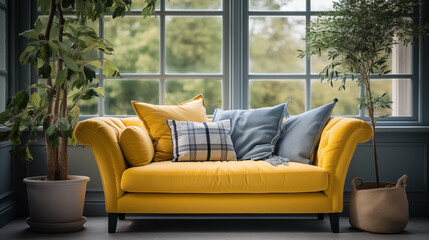 Blue and yellow stylish furniture, couch and armchair with decorative pillows, home style