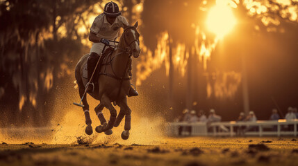 dramatic studio shot of horse polo player use a mallet hit ball in tournament.