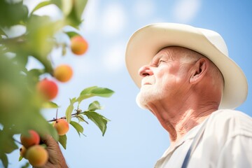 farmer examining ripening peaches on the tree
