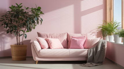 Pink stylish furniture, couch and armchair with decorative pillows, home style