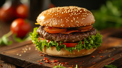 Photo still life of delicious american hamburger