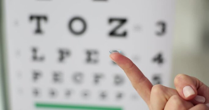 Contact lenses on a woman finger against background of ophthalmologist table closeup