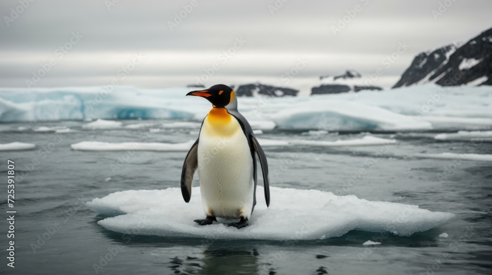 Poster a penguin standing on an ice floe in the ocean. generative ai.