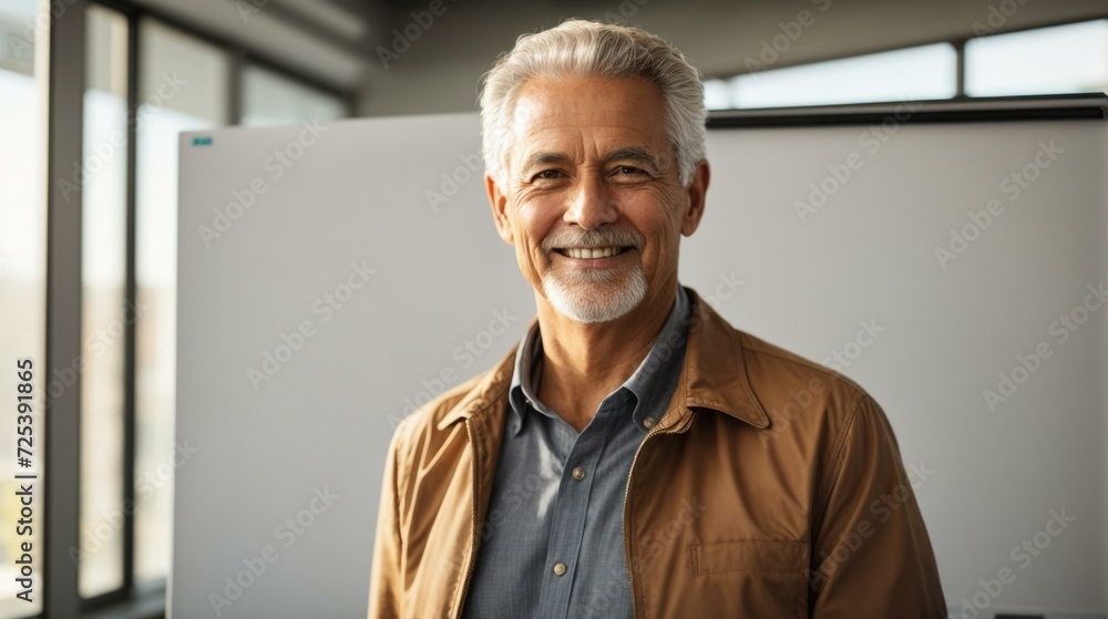Poster a man with a beard and a smile standing in front of a whiteboard. generative ai.