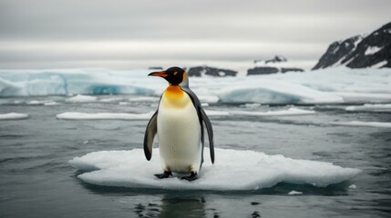 Fototapeta premium A penguin standing on an ice floe in the ocean. Generative AI.