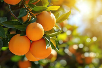 A close up of a bunch of orange fruits on a tree, sunny day. Created with Generative AI technology
