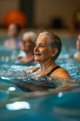 Obraz premium Active mature people enjoying aqua gym class in a pool doing aqua fit sport