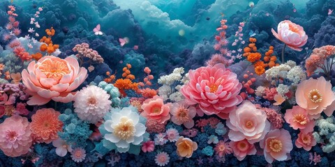 A vibrant underwater world in the deep blue ocean, teeming with aquatic life and colorful flowers blooming.