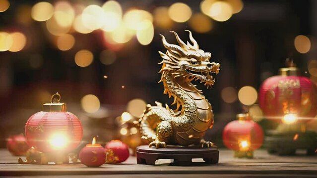 Elegant Chinese celebration background with golden dragon and lantern flame