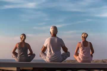 Fototapeta premium Active mature people enjoying yoga class outdoors on the seashore