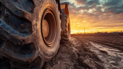 Fotobehang Big rubber wheels of soil grade tractor car earthmoving at road construction side. Close-up of a dirty loader wheel with a large tread with sky sunset © Sasint