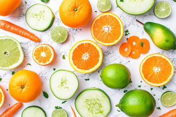 Keuken spatwand met foto Photo fruits and vegetables flat lay © yuniazizah