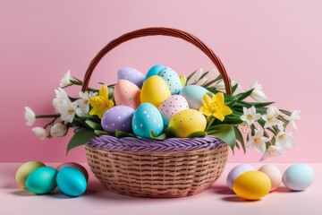 Obraz na płótnie Canvas Basket with colorful Easter eggs and blooming flowers on the table on pink background.