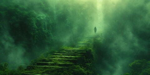 A solitary journey through enchanting forest staircases surrounded by lush greenery, reminiscent of a mystical adventure. - obrazy, fototapety, plakaty