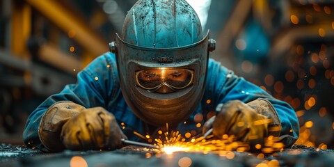 A skilled welder works in an industrial environment, wears protective equipment, creates sparks, and participates in production.