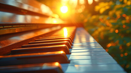 Close-Up of Sunny Piano Keys Setting on a Sunny Day With Blurred Background
