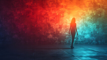 a person walking away on a vibrant background