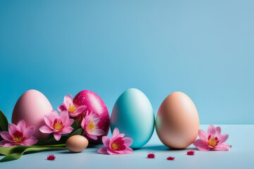 Colorful Easter eggs and blooming pink flowers on light blue background.