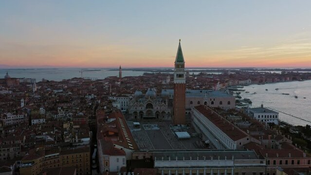 Aerial view of St Mark 's square and bell tower at sunrise, Venice, Italy