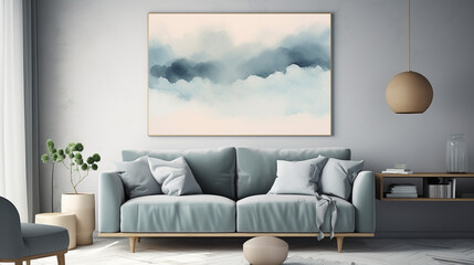 Soothing Baby Blue Watercolor Stain Frame Artwork in Home Interior with Sofa and Plant