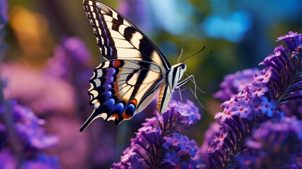 Close-up of a swallowtail butterfly with iridescent wings, sipping nectar from a purple wildflower