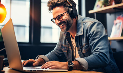Smiling man with glasses working on a laptop in a bright office, wearing earphones and leaning forward in a casual denim jacket - obrazy, fototapety, plakaty