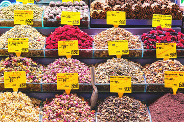 Herbal tee. Various sorts of tea and spices at Egypt Bazaar (Misir Carsisi) in Istanbul, Turkey...