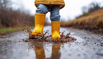 Happy child playful jumping in puddle with yellow rain boots. Close-up of kid wearing yellow rain boots and walking during sleet, rain and snow on cold day. Child in colorful coat