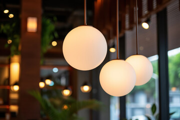 Stylish pendant lamps with a warm glow in a contemporary setting. - obrazy, fototapety, plakaty