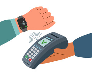 Payment terminal and hand with smart watch. Contactless payment concept. Technology concept.