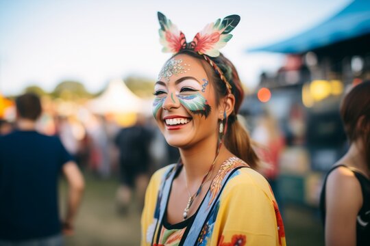 festival attendee with face paint cheering at an event