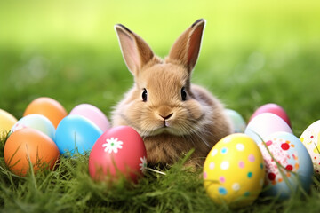 Cute bunny with painted Easter eggs on grass meadow
