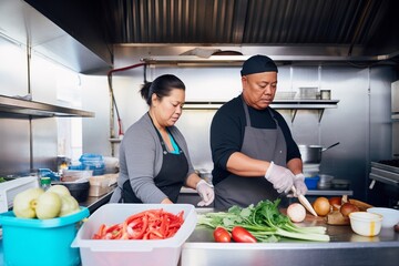 chef and assistant prepping ingredients in food truck