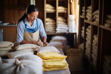 woman labeling wheat sacks for inventory in a storeroom