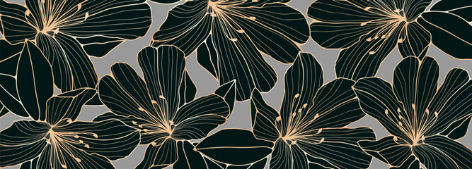 Luxurious floral vector design with golden outlines of azalea flowers. - obrazy, fototapety, plakaty