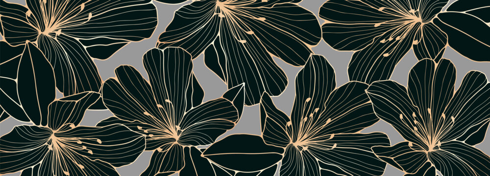 Luxurious floral vector design with golden outlines of azalea flowers.