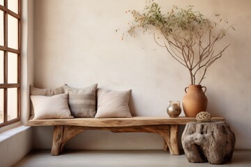 Interior of living room with wooden sofa and decorative plant. Concept of stylish interior designs, arrangement