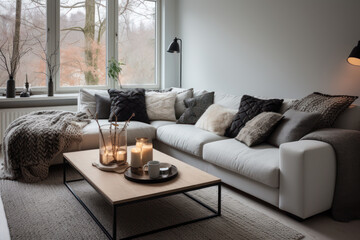 Living room interior with black sofa, coffee table, candles and plants. Concept of stylish interior designs, arrangement