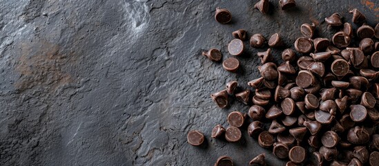 Gray abstract background with chocolate chips - Sweet food photo concept with copyspace.
