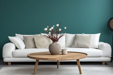 Interior of modern living room with white sofa. Concept of stylish interior designs, arrangement - obrazy, fototapety, plakaty