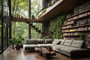 Interior of modern living room with sofa and bookshelf. Concept of stylish interior designs, arrangement