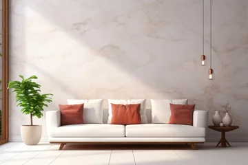 Fotobehang Modern living room interior with orange marble wall, light sofa and accent terracotta decorative pillows. Concept of stylish interior designs, arrangement © Berezhna_Iuliia