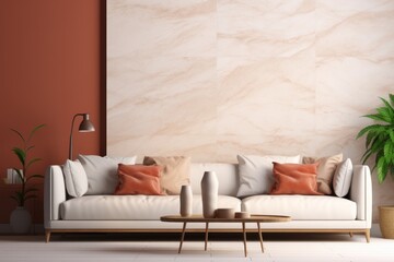 Modern living room interior with orange marble wall, light sofa and accent terracotta decorative pillows. Concept of stylish interior designs, arrangement