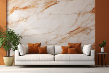 Interior of modern living room with orange marble wall and sofa. Concept of stylish interior designs, arrangement