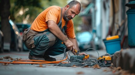 Electrician at Work on Urban Sidewalk