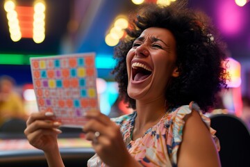 lady with winning bingo card overjoyed in bingo hall - 725395876