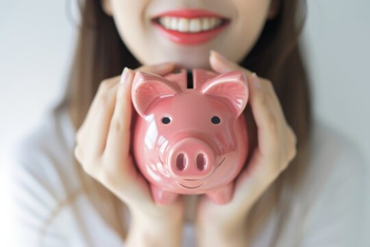 豚の貯金箱を持つ日本人女性（貯金・投資・背景なし）