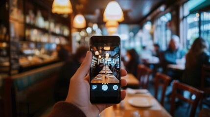 Smartphone Capturing Cozy Cafe Interior - obrazy, fototapety, plakaty