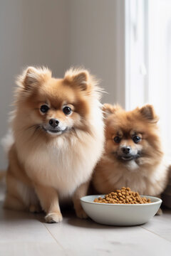 Two joyful Pomeranians, showcasing trends in pet health and the dog food industry's focus on nutrition. High quality photo