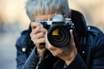 Obraz premium sophisticated senior taking photos with a professional dslr camera